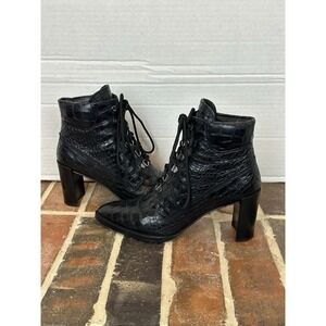 Stuart Weitzman Black High Heel Lace-up Ankle Boots Gigi Croco-calf Leather Sz 7